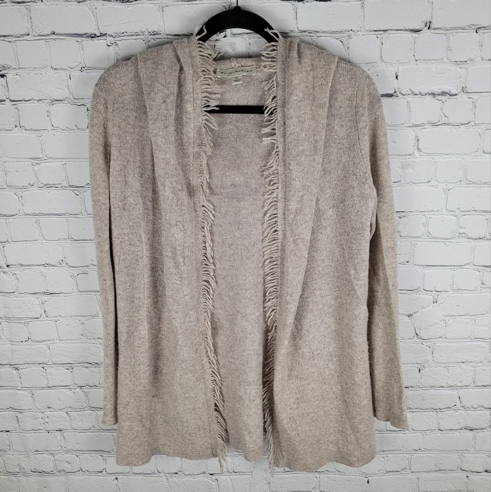 WHITE + WARREN | 100% cashmere knit fringe hooded open cardigan